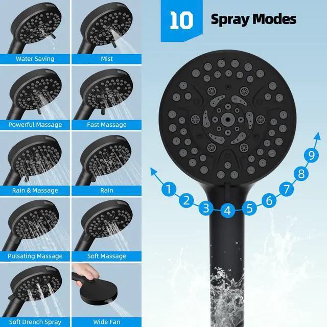 Alt view image 5 of 7 - All Metal High Pressure Rainfall 10'' Shower Head, CUPC Certified Handheld Showerhead Combo, 12'' Adjustable Shower Extension Arm, 10-Spray, 71'' Hose, Adhesive Showerhead Holder, Matte Black