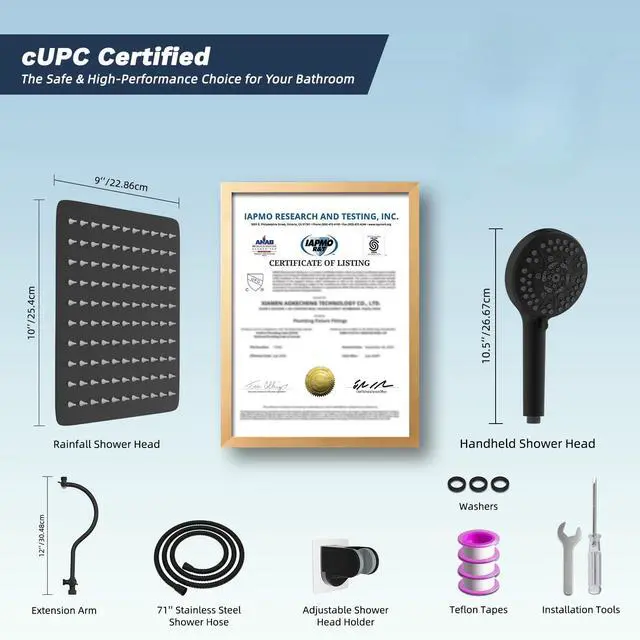 Alt view image 7 of 7 - All Metal High Pressure Rainfall 10'' Shower Head, CUPC Certified Handheld Showerhead Combo, 12'' Adjustable Shower Extension Arm, 10-Spray, 71'' Hose, Adhesive Showerhead Holder, Matte Black