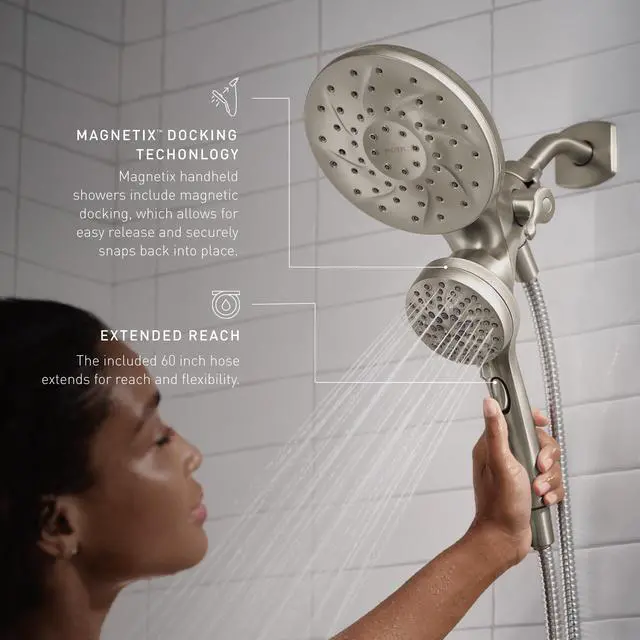Alt view image 3 of 7 - 26009SRN Engage Magnetix 2-in-1 Combo Rain Showerhead with Handheld Spray, Magnetic Docking System, Spot Resist Brushed Nickel, 6-Spray Settings, 2.5 GPM | Handheld Spray, Magnetic Docking System