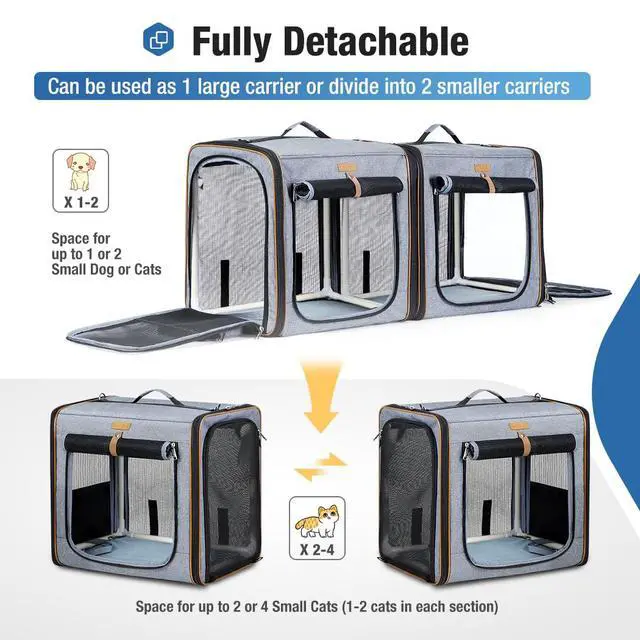 Alt view image 2 of 5 - Extra Large Cat Carrier for 2 Cats, 2-in-1 Cat Travel Carrier with Litter Box, (20.85" x2) x19.7"x19.7" Pet Carrier with Zipper Locks for Moving Across The Country (No Hammock) - Grey