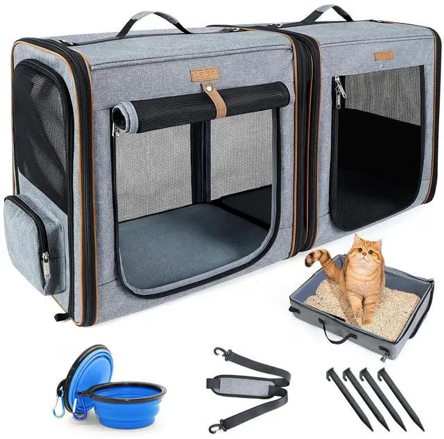 Main image of Extra Large Cat Carrier for 2 Cats, 2-in-1 Cat Travel Carrier with Litter Box, (20.85" x2) x19.7"x19.7" Pet Carrier with Zipper Locks for Moving Across The Country (No Hammock) - Grey