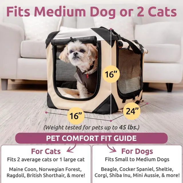 Alt view image 3 of 7 - Cat & Dog Pet Carrier, Soft-Sided, Large 24"x16"x16", Fits Large Cat, 2 Cats, or Medium Dog Comfortably, Great for Travel & Vet Visits, Privacy Windows, Removable Bed, Locking Zippers, Foldable