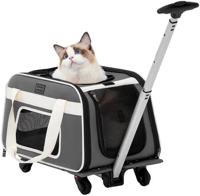 Main image of Cat Carrier with Wheels, Removable Spinner Wheels, Up to 13 lb | Fits pets up to 15 L x 8 H in and 13 lb; removable spinner wheels, anti-sag frame, 4-sided mesh, safety tether and locks.