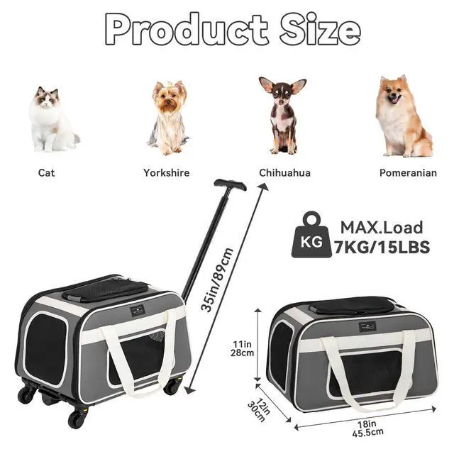 Alt view image 2 of 7 - Cat Carrier with Wheels, Removable Spinner Wheels, Up to 13 lb | Fits pets up to 15 L x 8 H in and 13 lb; removable spinner wheels, anti-sag frame, 4-sided mesh, safety tether and locks.