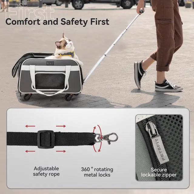 Alt view image 4 of 7 - Cat Carrier with Wheels, Removable Spinner Wheels, Up to 13 lb | Fits pets up to 15 L x 8 H in and 13 lb; removable spinner wheels, anti-sag frame, 4-sided mesh, safety tether and locks.
