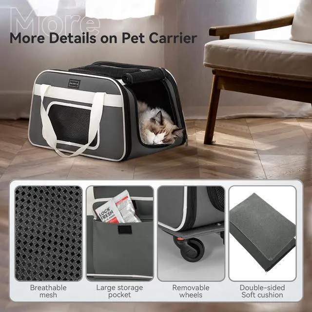 Alt view image 6 of 7 - Cat Carrier with Wheels, Removable Spinner Wheels, Up to 13 lb | Fits pets up to 15 L x 8 H in and 13 lb; removable spinner wheels, anti-sag frame, 4-sided mesh, safety tether and locks.