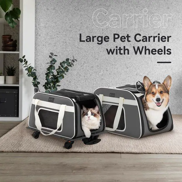 Alt view image 7 of 7 - Cat Carrier with Wheels, Removable Spinner Wheels, Up to 13 lb | Fits pets up to 15 L x 8 H in and 13 lb; removable spinner wheels, anti-sag frame, 4-sided mesh, safety tether and locks.