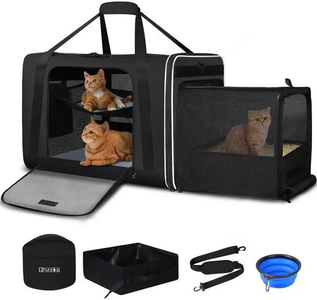 Main image of Side Expandable Extra Large Cat Carrier with Litter Box, Black | 24"x17"x17", Lockable Safety Zippers and Seat Anchors, for Car Travel, for 1 Medium-Large Cat or 2 Small Cats Under 55 lbs