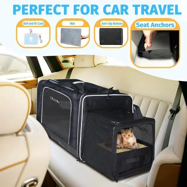 Alt view image 2 of 7 - Side Expandable Extra Large Cat Carrier with Litter Box, Black | 24"x17"x17", Lockable Safety Zippers and Seat Anchors, for Car Travel, for 1 Medium-Large Cat or 2 Small Cats Under 55 lbs
