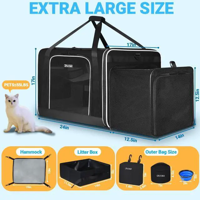 Alt view image 3 of 7 - Side Expandable Extra Large Cat Carrier with Litter Box, Black | 24"x17"x17", Lockable Safety Zippers and Seat Anchors, for Car Travel, for 1 Medium-Large Cat or 2 Small Cats Under 55 lbs