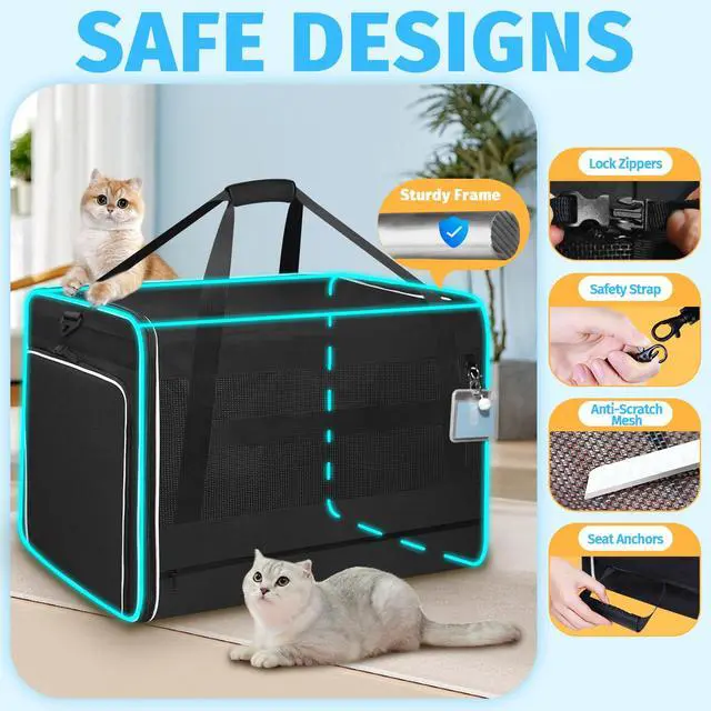 Alt view image 6 of 7 - Side Expandable Extra Large Cat Carrier with Litter Box, Black | 24"x17"x17", Lockable Safety Zippers and Seat Anchors, for Car Travel, for 1 Medium-Large Cat or 2 Small Cats Under 55 lbs