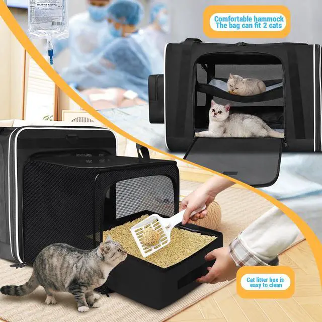 Alt view image 5 of 7 - Side Expandable Extra Large Cat Carrier with Litter Box, Black | 24"x17"x17", Lockable Safety Zippers and Seat Anchors, for Car Travel, for 1 Medium-Large Cat or 2 Small Cats Under 55 lbs