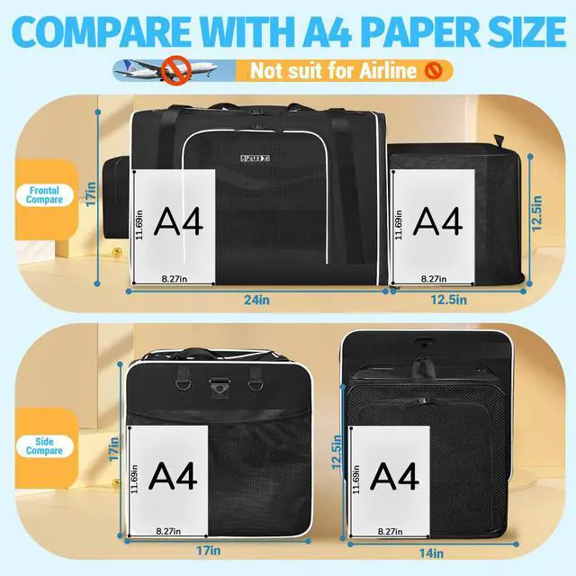 Alt view image 4 of 7 - Side Expandable Extra Large Cat Carrier with Litter Box, Black | 24"x17"x17", Lockable Safety Zippers and Seat Anchors, for Car Travel, for 1 Medium-Large Cat or 2 Small Cats Under 55 lbs