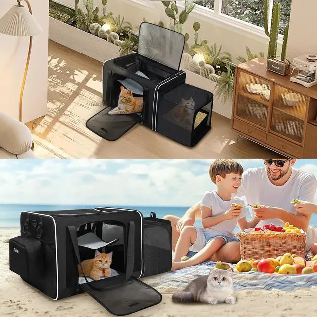 Alt view image 7 of 7 - Side Expandable Extra Large Cat Carrier with Litter Box, Black | 24"x17"x17", Lockable Safety Zippers and Seat Anchors, for Car Travel, for 1 Medium-Large Cat or 2 Small Cats Under 55 lbs