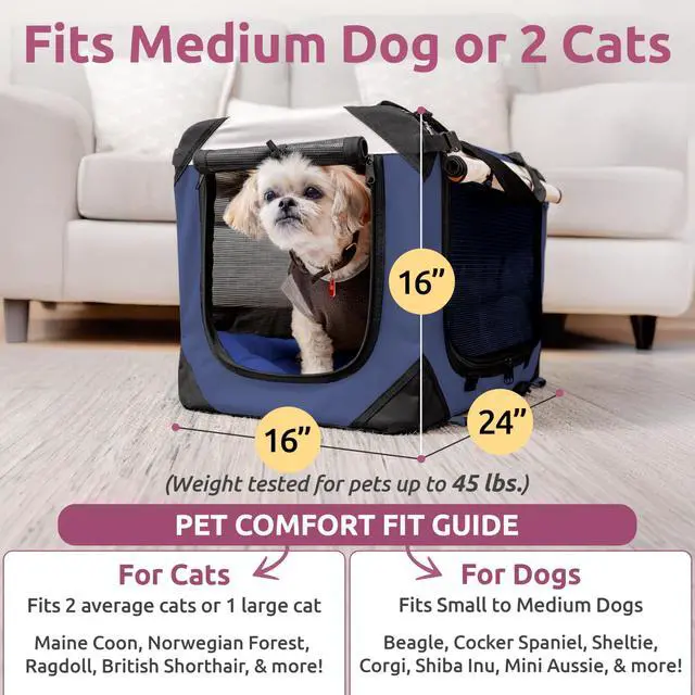 Alt view image 3 of 7 - Dog & Cat Carrier, Large, Navy | Soft-sided, Fits Large Cat, 2 Cats, or Medium Dog Comfortably, Great for Travel & Vet Visits, Privacy Windows, Removable Bed