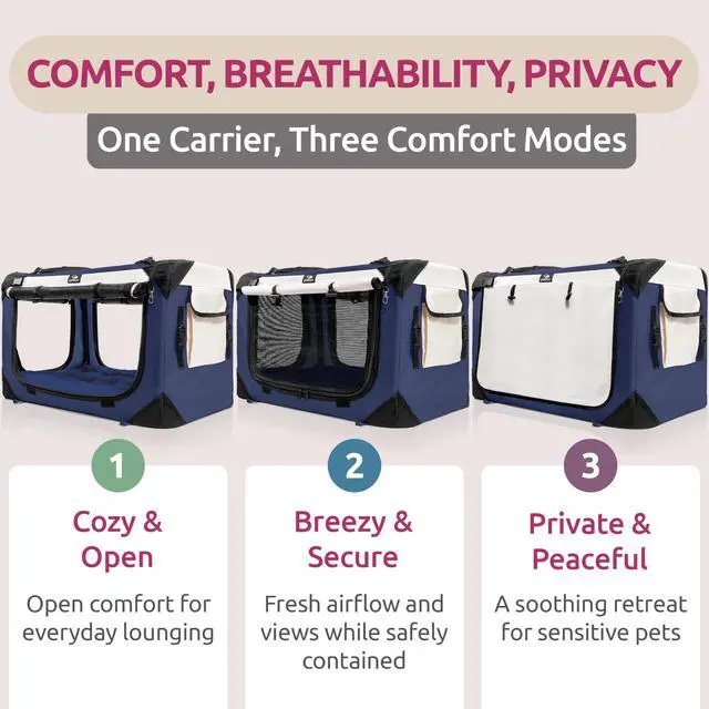 Alt view image 2 of 7 - Dog & Cat Carrier, Large, Navy | Soft-sided, Fits Large Cat, 2 Cats, or Medium Dog Comfortably, Great for Travel & Vet Visits, Privacy Windows, Removable Bed