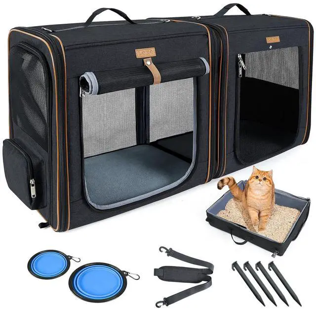 Main image of Extra Large Cat Carrier for 2 Cats, 2-in-1 Cat Travel Carrier with Litter Box, (20.85" x2) x19.7"x19.7" Pet Carrier with Zipper Locks for Moving Across The Country (No Hammock) - Black