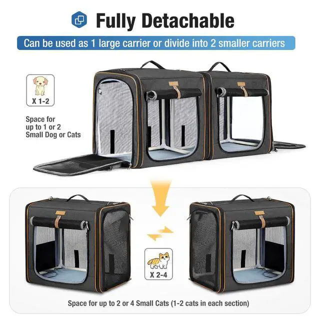 Alt view image 3 of 6 - Extra Large Cat Carrier for 2 Cats, 2-in-1 Cat Travel Carrier with Litter Box, (20.85" x2) x19.7"x19.7" Pet Carrier with Zipper Locks for Moving Across The Country (No Hammock) - Black