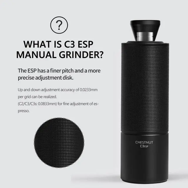 Alt view image 6 of 7 - Chestnut C3 ESP Manual Coffee Grinder, Stainless Steel S2C Portable Conical Burr Hand Coffee Grinder, Adjustable Grind Setting for Espresso to French Press - Black