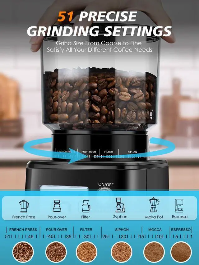 Alt view image 3 of 7 - Conical Burr Espresso Coffee Grinder, 51 Precise Settings, Electric Mill with Portafilter Holder, 2-12 Cups Adjustable, Anti-static, Stainless Steel, 120V