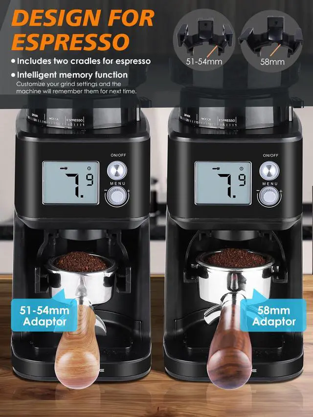 Alt view image 4 of 7 - Conical Burr Espresso Coffee Grinder, 51 Precise Settings, Electric Mill with Portafilter Holder, 2-12 Cups Adjustable, Anti-static, Stainless Steel, 120V