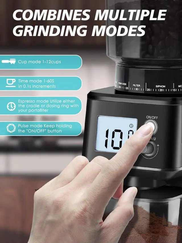 Alt view image 5 of 7 - Conical Burr Espresso Coffee Grinder, 51 Precise Settings, Electric Mill with Portafilter Holder, 2-12 Cups Adjustable, Anti-static, Stainless Steel, 120V