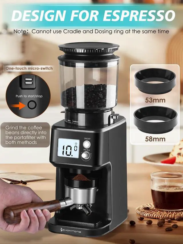 Alt view image 6 of 7 - Conical Burr Espresso Coffee Grinder, 51 Precise Settings, Electric Mill with Portafilter Holder, 2-12 Cups Adjustable, Anti-static, Stainless Steel, 120V