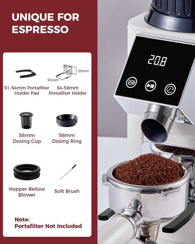 Alt view image 6 of 7 - G1 Conical Burr Coffee Grinder, 48 Grind Settings, Ivory | Stainless Steel Anti-static Burr Mill, Precision Electric Timer and LED Touchscreen for Espresso/Drip/Cold Brew/French Press