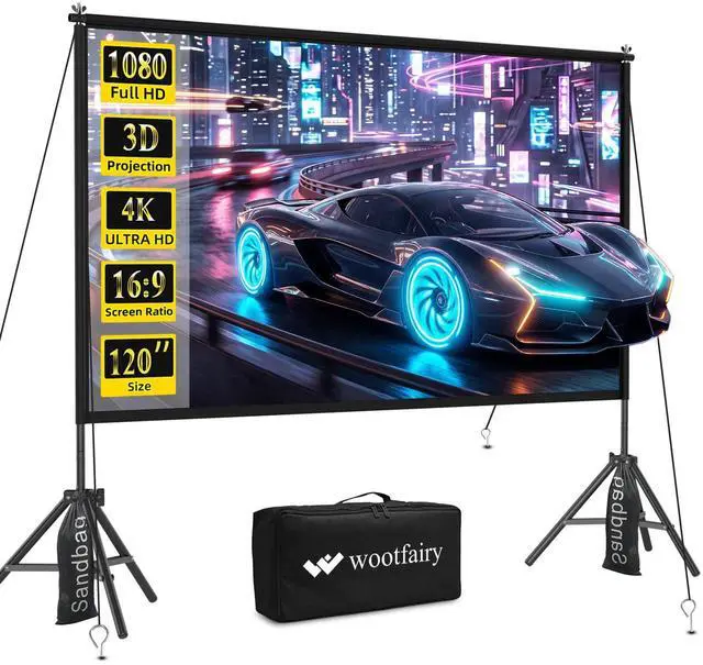 Main image of 120inch Projector Screen with Stand Portable Indoor Outdoor Use | Foldable Anti-Crease 16:9 4K HD Front Rear Washable Projection Movie Screen with Carry Bag for Home Theater Backyard Camping