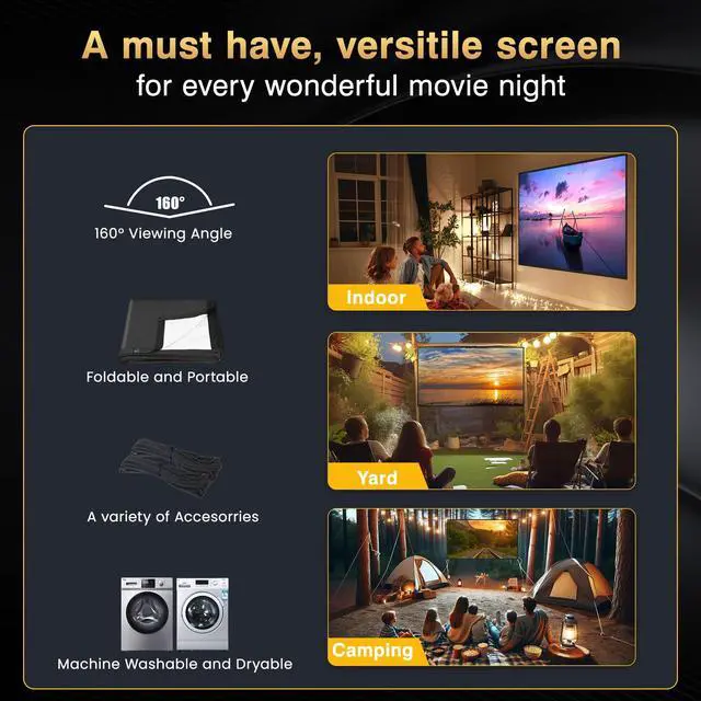 Alt view image 2 of 3 - 200 Inch Projector Screen with Black Backing, Foldable 16:9 | Black-backed polyester screen with straight edges; washable and wrinkle-resistant for home theaters and outdoor movie nights.