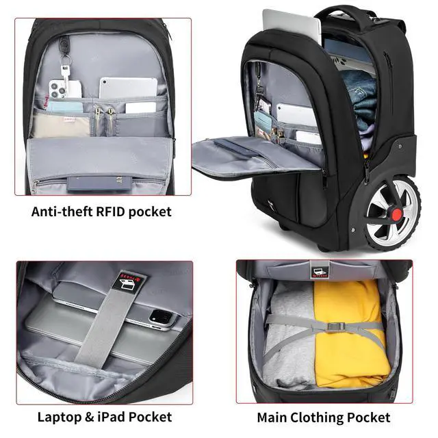 Alt view image 3 of 7 - Rolling Backpack,Waterproof Backpack with Wheels for Business and Travel Commuter, Carry on Backpack with Laptop Compartment, Fit 17 Inch Laptop, Wheeled Backpack for Adults