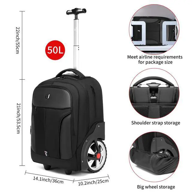 Alt view image 5 of 7 - Rolling Backpack,Waterproof Backpack with Wheels for Business and Travel Commuter, Carry on Backpack with Laptop Compartment, Fit 17 Inch Laptop, Wheeled Backpack for Adults
