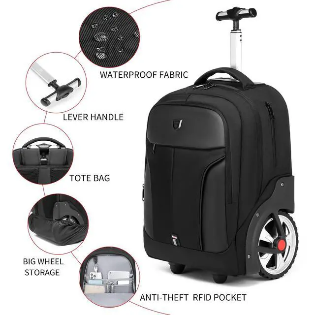 Alt view image 6 of 7 - Rolling Backpack,Waterproof Backpack with Wheels for Business and Travel Commuter, Carry on Backpack with Laptop Compartment, Fit 17 Inch Laptop, Wheeled Backpack for Adults