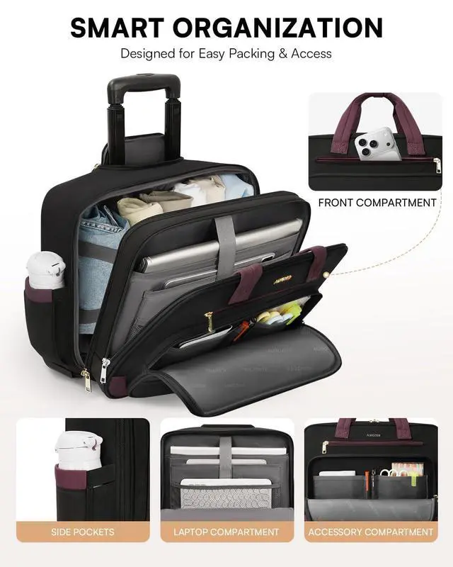 Alt view image 4 of 7 - Puffer Rolling Laptop Briefcase Bag with Wheels For Women Work & Travel | Fits 16-Inch Computer Bag with Wheels, Water Resistant, TSA Friendly, 4 Pockets, Lockable Zippers, 3 Ways to Carry