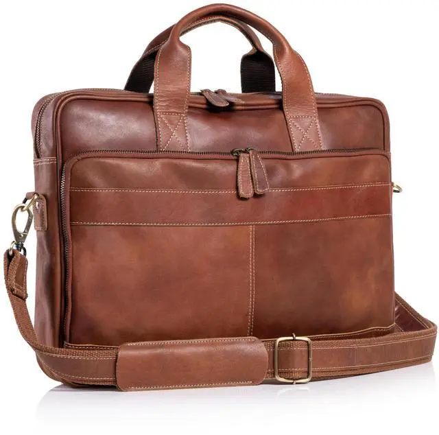 Main image of leather briefcase 16 inch laptop messenger bag satchel for men women | office briefcase, satchel bag, work bag, business bag, shoulder bag, adjustable strap, laptop compartment
