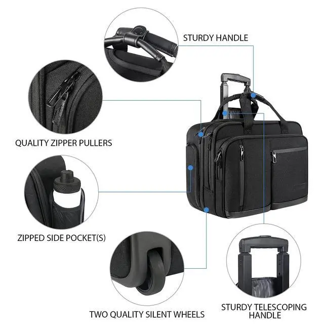 Alt view image 6 of 7 - 17.3 Inch Rolling Laptop Bag, Waterproof Overnight Rolling Bags, Laptop Bags for Travel/Work/Business, Stylish Carry on Briefcase, Black | Overnight Rolling Bag, Stylish Carry on Briefcase