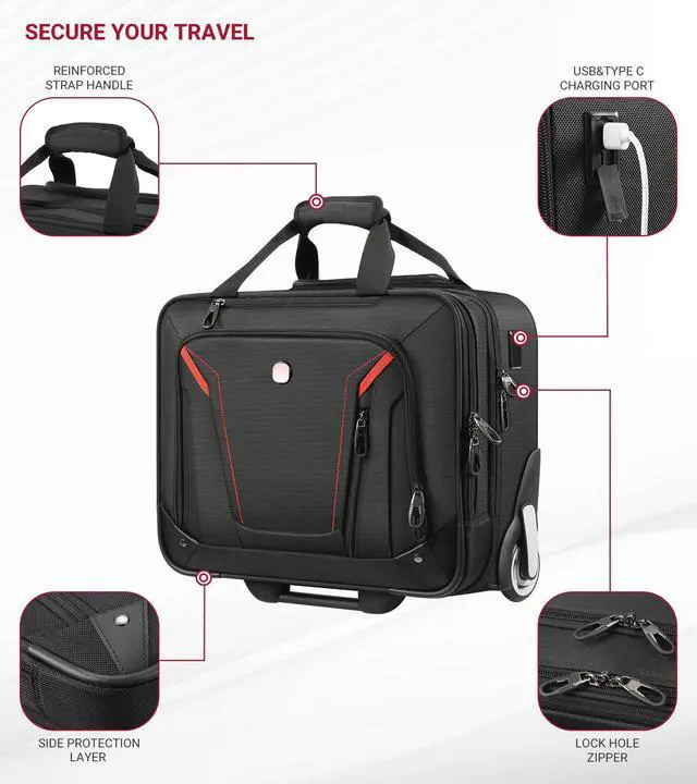 Alt view image 2 of 7 - Rigid Frame Rolling Laptop Bag 18"×14"×8", Water-Resistant Rolling Briefcase with Wheels, Business Travel Computer Bag, Underseat Carry on Luggage for Men & Women