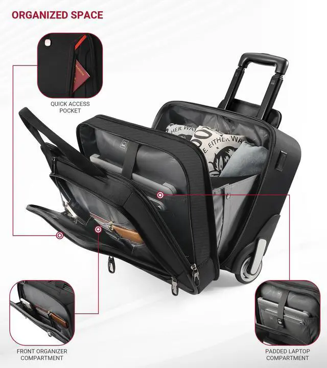 Alt view image 4 of 7 - Rigid Frame Rolling Laptop Bag 18"×14"×8", Water-Resistant Rolling Briefcase with Wheels, Business Travel Computer Bag, Underseat Carry on Luggage for Men & Women