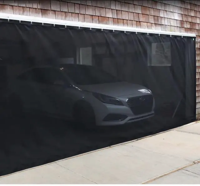 Main image of Sliding Garage Door Screen with Track Closure - Retractable Privacy Curtain Keep Annoying Animals Out Easy Install Heavy Duty Fiberglass Mesh Net for Opening Garage Patio (Black, 16 ft x 7 ft)