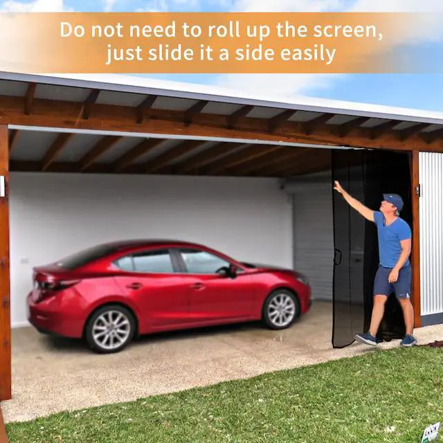 Alt view image 3 of 7 - Sliding Garage Door Screen with Track Closure - Retractable Privacy Curtain Keep Annoying Animals Out Easy Install Heavy Duty Fiberglass Mesh Net for Opening Garage Patio (Black, 16 ft x 7 ft)