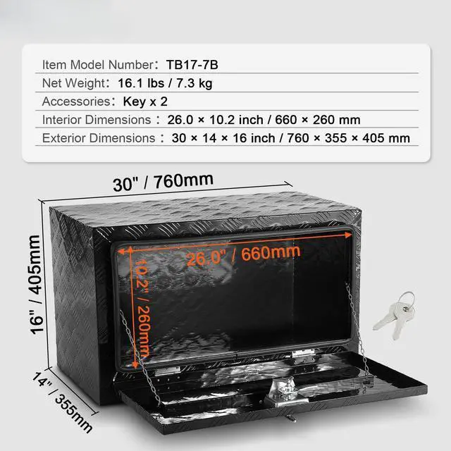 Alt view image 7 of 7 - Underbody Truck Box, 30"×14"×16" Pickup Storage Box, Heavy Duty Aluminum Diamond Plate Tool Box with Lock and Keys, Waterproof Trailer Storage Box with T-Handle Latch for Truck, Van, Trailer