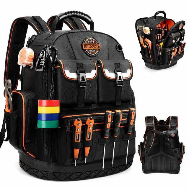 Main image of Tool Backpack Heavy Duty, 18.5 in, 56 Pockets, Molded Bottom, Black | 1680D Water-Resistant, Laptop Compartment, Full Opening, Resettable Combination Lock, for Electricians and HVAC Pros