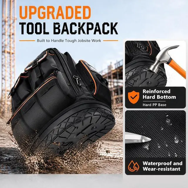 Alt view image 2 of 7 - Tool Backpack Heavy Duty, 18.5 in, 56 Pockets, Molded Bottom, Black | 1680D Water-Resistant, Laptop Compartment, Full Opening, Resettable Combination Lock, for Electricians and HVAC Pros
