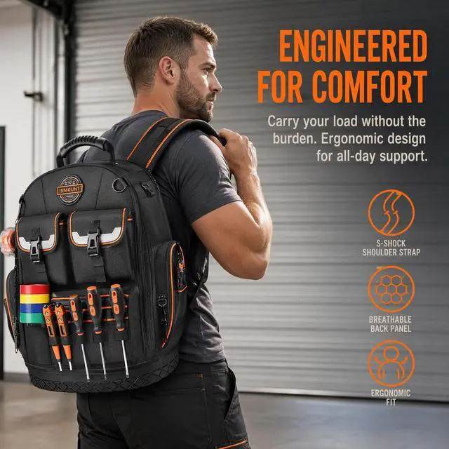 Alt view image 4 of 7 - Tool Backpack Heavy Duty, 18.5 in, 56 Pockets, Molded Bottom, Black | 1680D Water-Resistant, Laptop Compartment, Full Opening, Resettable Combination Lock, for Electricians and HVAC Pros