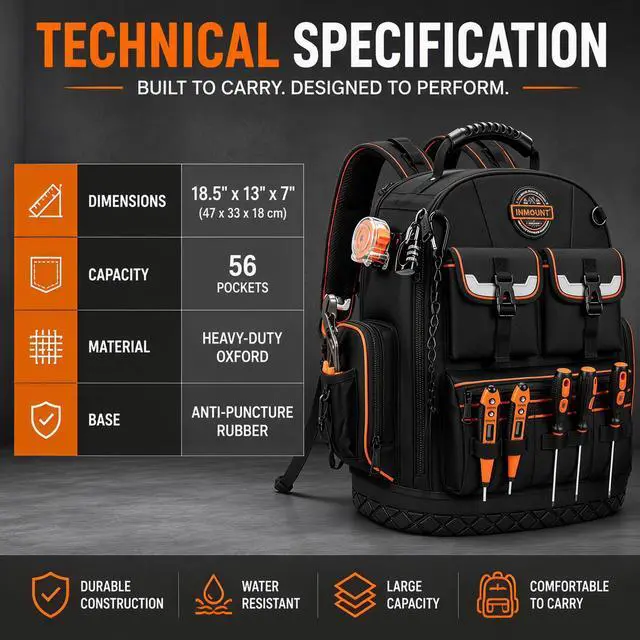 Alt view image 6 of 7 - Tool Backpack Heavy Duty, 18.5 in, 56 Pockets, Molded Bottom, Black | 1680D Water-Resistant, Laptop Compartment, Full Opening, Resettable Combination Lock, for Electricians and HVAC Pros