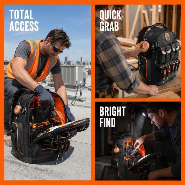 Alt view image 7 of 7 - Tool Backpack Heavy Duty, 18.5 in, 56 Pockets, Molded Bottom, Black | 1680D Water-Resistant, Laptop Compartment, Full Opening, Resettable Combination Lock, for Electricians and HVAC Pros