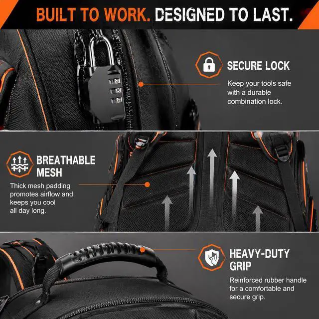 Alt view image 5 of 7 - Tool Backpack Heavy Duty, 18.5 in, 56 Pockets, Molded Bottom, Black | 1680D Water-Resistant, Laptop Compartment, Full Opening, Resettable Combination Lock, for Electricians and HVAC Pros