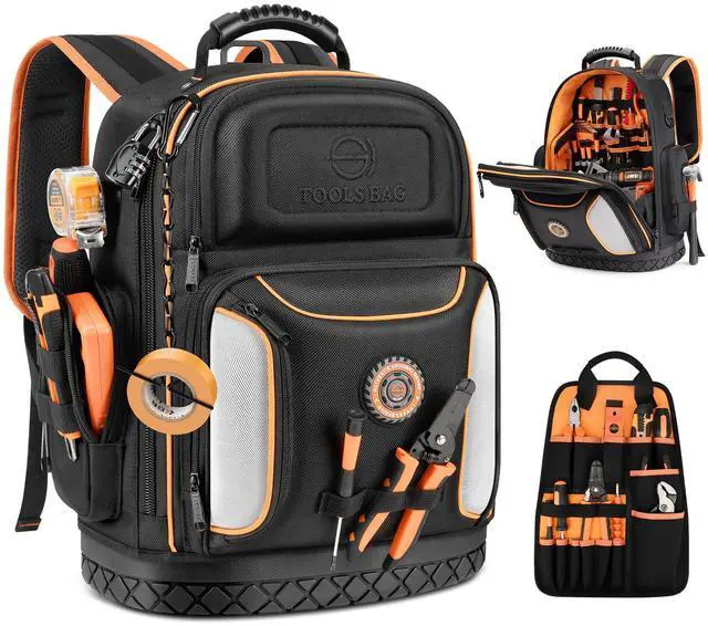 Main image of 18.1-inch Heavy-Duty Tool Backpack, 75 Pockets, Black | 110 lbs Load Tested, 1680D Tear-Resistant Fabric, Removable Tool Panel, Combination Lock, Electricians, HVAC Pros