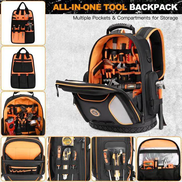 Alt view image 2 of 7 - 18.1-inch Heavy-Duty Tool Backpack, 75 Pockets, Black | 110 lbs Load Tested, 1680D Tear-Resistant Fabric, Removable Tool Panel, Combination Lock, Electricians, HVAC Pros