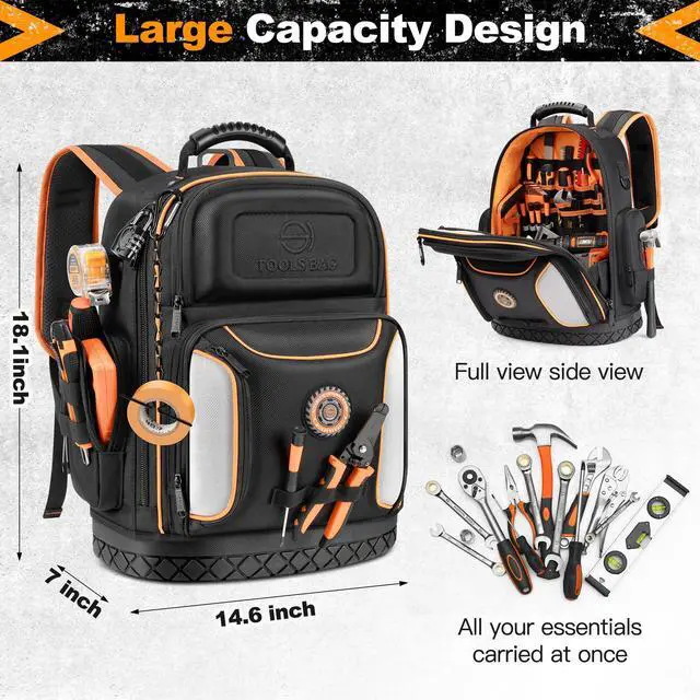 Alt view image 3 of 7 - 18.1-inch Heavy-Duty Tool Backpack, 75 Pockets, Black | 110 lbs Load Tested, 1680D Tear-Resistant Fabric, Removable Tool Panel, Combination Lock, Electricians, HVAC Pros